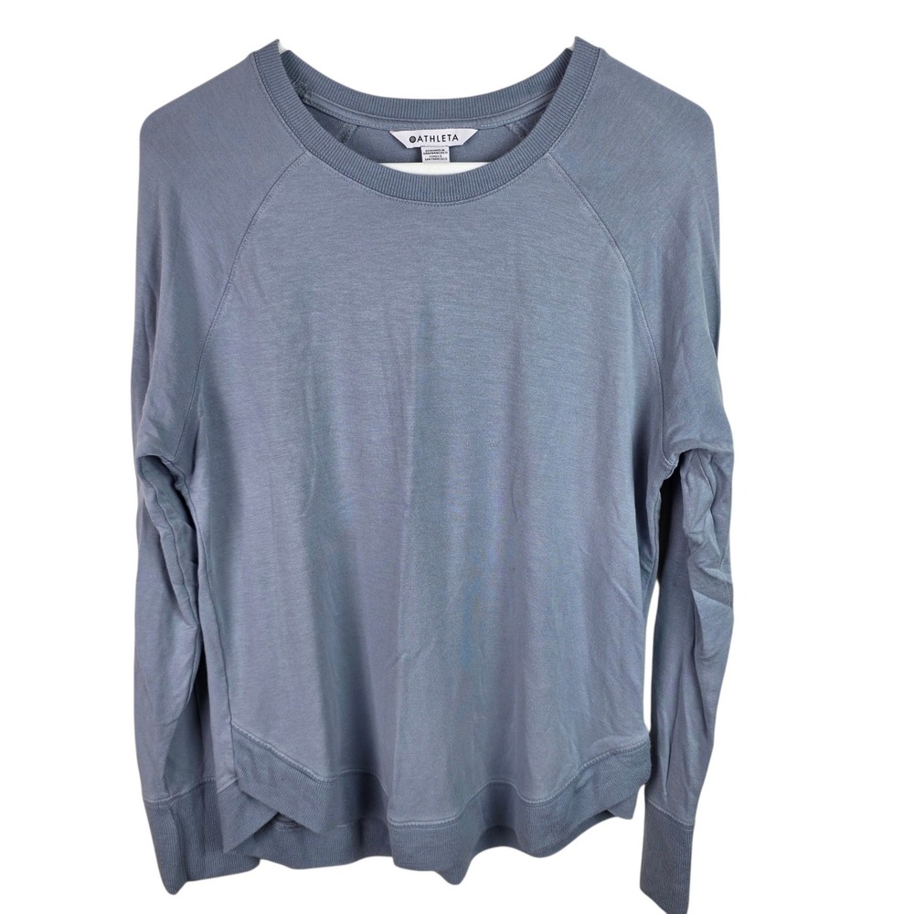 Athleta Mindset Sweatshirt Women M Blue Gray Good Soft Raglan Stepped Hem